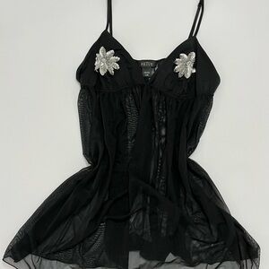 La SENZA Black Sheer Top with Silver Floral Accents